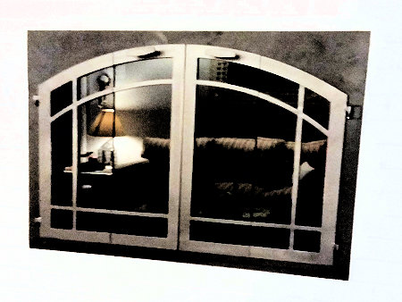 The Hingham Window-pane (Arch top window- pane bar)  Black frame, with light natural iron vice bi fold window-pane doors and smoked glass. Comes with slide mesh.